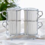 Maya Standlı 4 Kişilik Porselen Kupa Gümüş